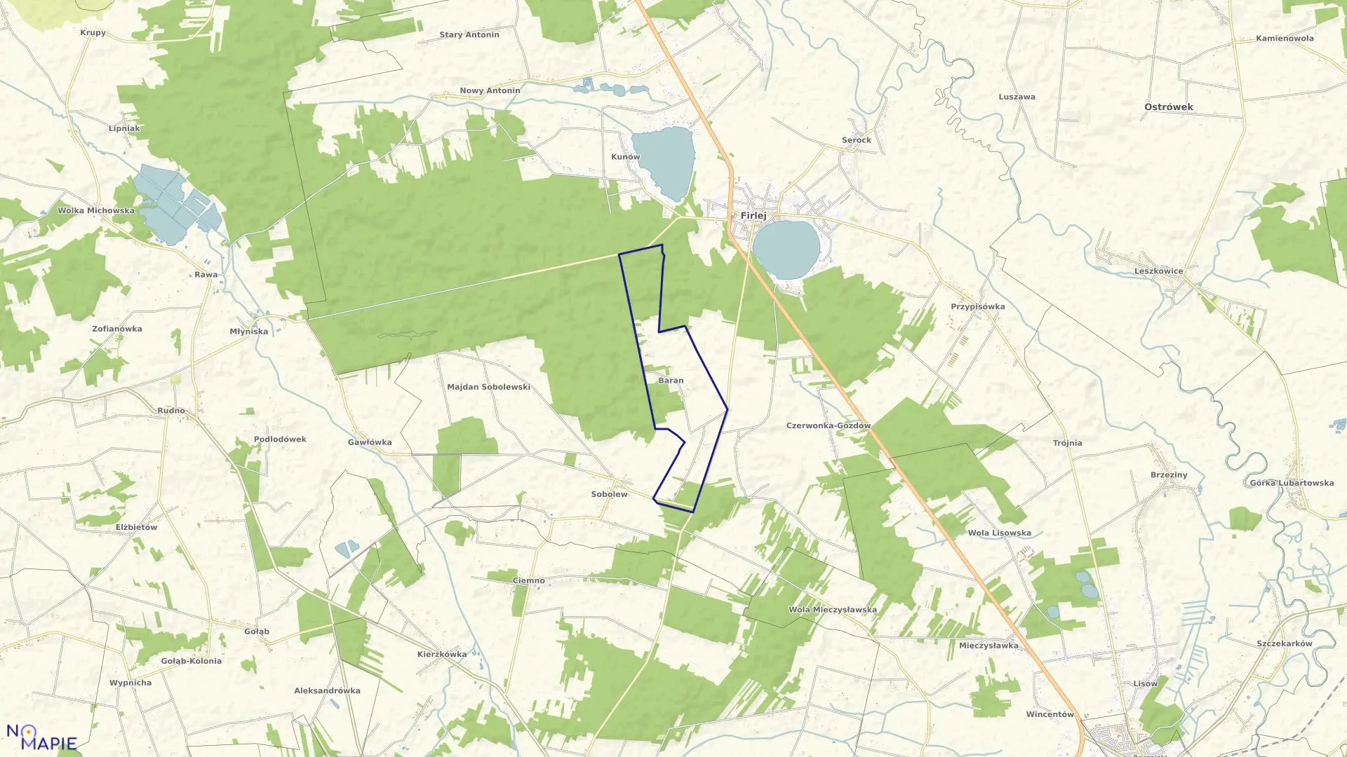 Mapa obrębu BARAN KOLONIA w gminie Firlej